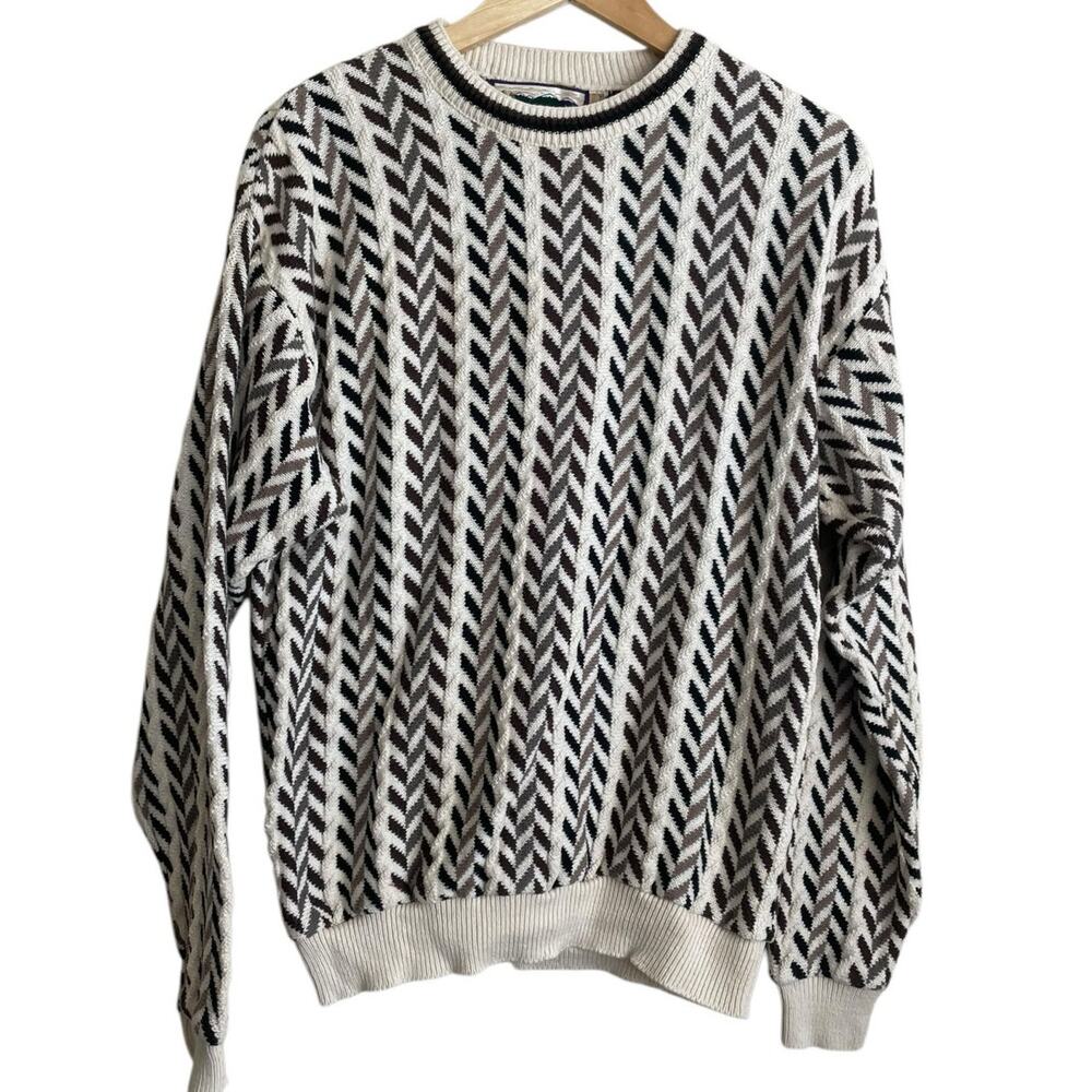 Shenandoah Sweater Mens Medium Cream Brown Black Geometric Knit‎ Made in USA